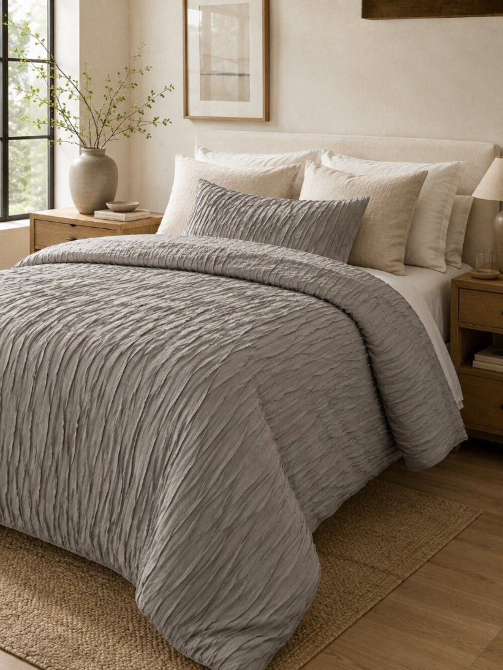Crate & Barrel Bellamy King Duvet Cover Nickel Gray Textured Pleated Portugal